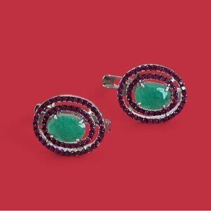 925 Sterling Silver Earrings 11x13mm with Natural Emerald & Ruby Gemstone